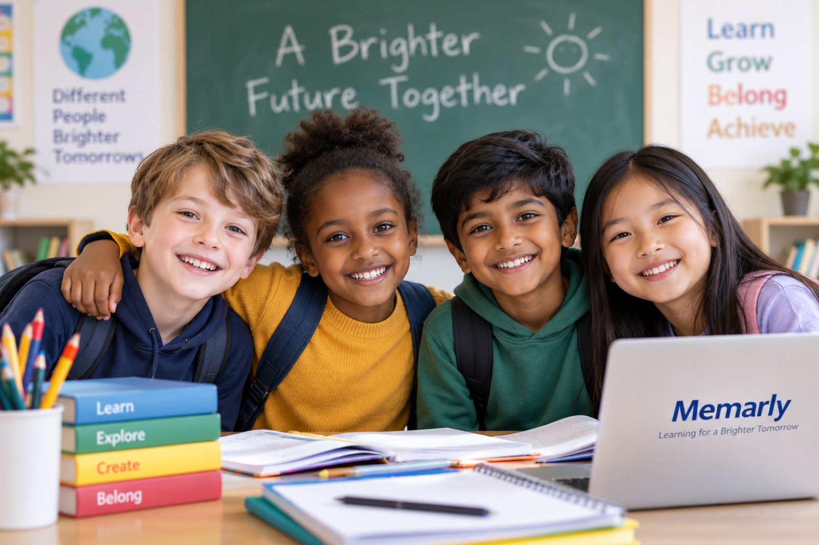 Pupils smiling together at a classroom desk